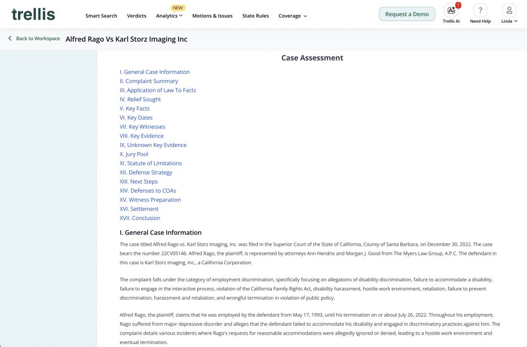 Trellis AI's case assessment tool provides a comprehensive overview of key facets of a case. 